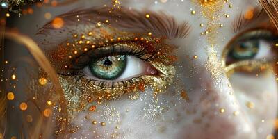 AI Generated Macro and close-up creative make-up theme. beautiful female eye with golden shadows and yellow diamonds, retouched photo