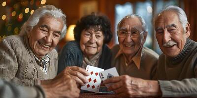 ai generado mayor hombre como un jubilado mientras jugando tarjetas con amigos a hogar o a Jubilación hogar foto