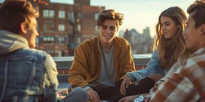 AI Generated Group of young people sitting on a picnic blanket, having fun while playing cards on the rooftop. Focus on the girl in the middle photo