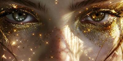 AI Generated Macro and close-up creative make-up theme. beautiful female eye with golden shadows and yellow diamonds, retouched photo