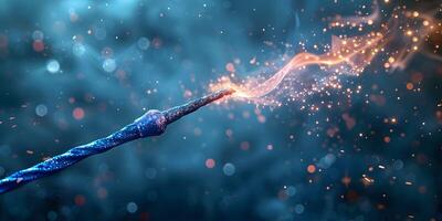 AI Generated Magic wand with sparkle on blue background, Miracle magical stick Wizard tool on hot blue. photo