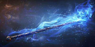 AI Generated Magic wand with sparkle on blue background, Miracle magical stick Wizard tool on hot blue. photo