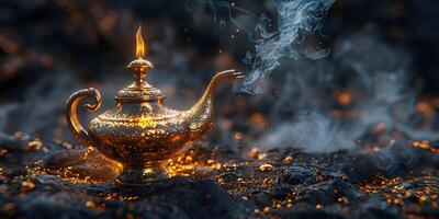 ai generado Aladino magia lámpara en negro con fumar foto