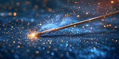 AI Generated Magic wand with sparkle on blue background, Miracle magical stick Wizard tool on hot blue. photo