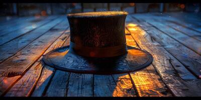 ai generado misterio sombrero en de madera antecedentes foto