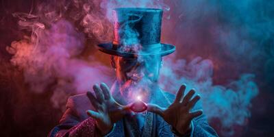 AI Generated Image of man magician showing trick against color background photo