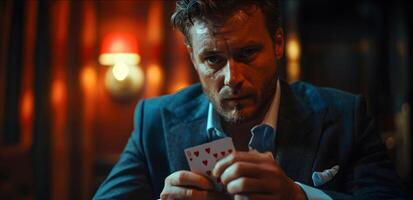 AI Generated Magician shows trick with playing cards. Sleight of hand. Manipulation with props. photo