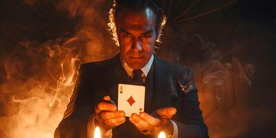 AI Generated Magician shows trick with playing cards. Sleight of hand. Manipulation with props. photo