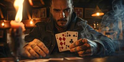 AI Generated Magician shows trick with playing cards. Sleight of hand. Manipulation with props. photo