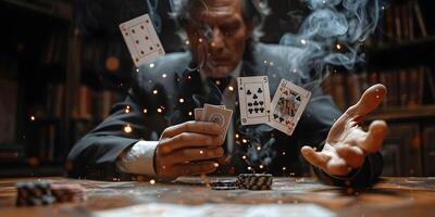 AI Generated Magician shows trick with playing cards. Sleight of hand. Manipulation with props. photo