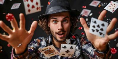 ai generado mago muestra truco con jugando tarjetas artimañas de mano. manipulación con accesorios. foto