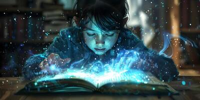 AI Generated Cute little boy reading magic book on dark background photo