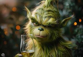 AI Generated  grinch is holding a wine photo