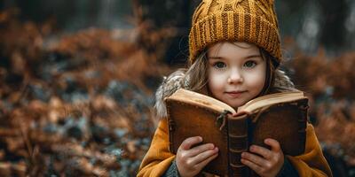 ai generado pequeño niña en rojo disfraz de duende sentado en bosque con un libro foto