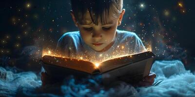 ai generado linda pequeño chico leyendo magia libro en oscuro antecedentes foto