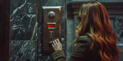 AI Generated woman ringing on doorbell at building entrance. Using intercom. photo