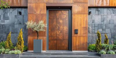 AI Generated Massive wooden entrance door to modern white house with paving footpath in the city. New, modern architecture, exterior design photo