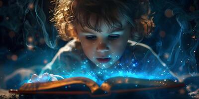 ai generado linda pequeño chico leyendo magia libro en oscuro antecedentes foto