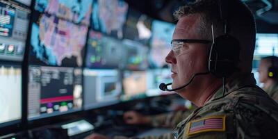 AI Generated Control room man, surveillance and military communication, army risk dispatch or security telecom advice. Headset, 911 emergency consultation and African soldier consulting on intel photo