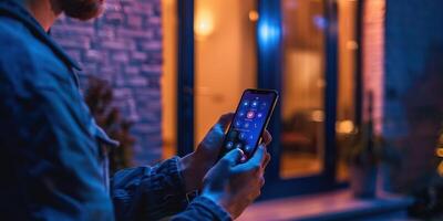 AI Generated smart house, home automation, device with app icons. Man uses his smartphone with smarthome security app to unlock the door of his house. photo