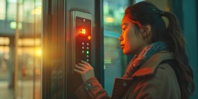 ai generado mujer El sonar en timbre de la puerta a edificio entrada. utilizando intercomunicador. foto