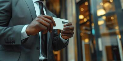 ai generado joven 35s empresario en elegante formal traje utilizando pasar tarjeta a abierto Entrada automático puertas dentro moderno oficina edificio. puerta acceso controlar teclado con tarjeta llave lector en contemporáneo foto