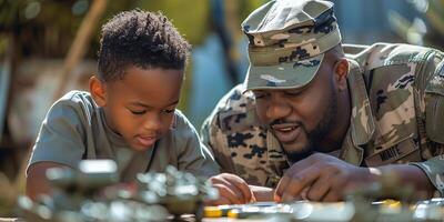 AI Generated Father in army uniform and african american boy embracing and talking at home photo