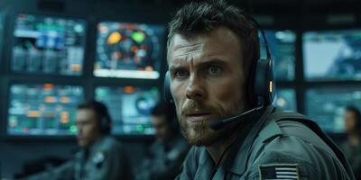 AI Generated Control room man, surveillance and military communication, army risk dispatch or security telecom advice. Headset, 911 emergency consultation and African soldier consulting on intel photo