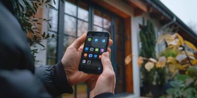 AI Generated smart house, home automation, device with app icons. Man uses his smartphone with smarthome security app to unlock the door of his house. photo