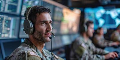 AI Generated Control room man, surveillance and military communication, army risk dispatch or security telecom advice. Headset, 911 emergency consultation and African soldier consulting on intel photo