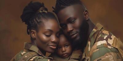 ai generado contento reunión. alegre esposa y hija abrazando militar hombre, acogedor él después volviendo hogar desde ejército, masculino soldado en camuflaje uniforme abrazando con familia, de cerca Disparo con foto