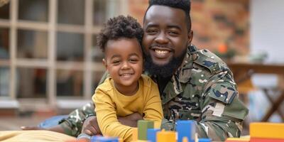 AI Generated Father in army uniform and african american boy embracing and talking at home photo