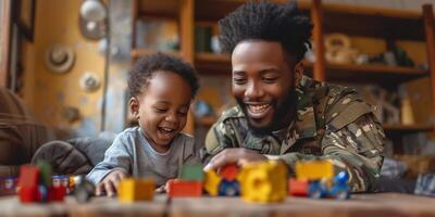 AI Generated Father in army uniform and african american boy embracing and talking at home photo