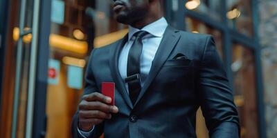 AI Generated Young 35s businessman in elegant formal suit using pass card to open entrance automatic gates inside modern office building. Door access control keypad with keycard reader in contemporary photo