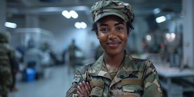 ai generado retrato de joven africano americano soldado mujer mirando a cámara, de cerca Disparo de grave negro militar hembra en camuflaje uniforme en pie adentro con agresivo cara expresión foto