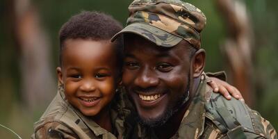 AI Generated Happy military dad meeting with little son after mission trip, holding boy in arms and smiling. Family reunion or returning home concept photo