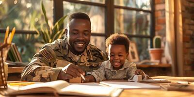 AI Generated Father in army uniform and african american boy embracing and talking at home photo