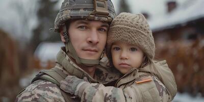 AI Generated Soldier and children on battlefield background. Military and rescue operation concept. photo