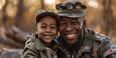 AI Generated Happy military dad meeting with little son after mission trip, holding boy in arms and smiling. Family reunion or returning home concept photo