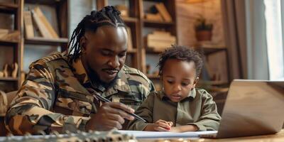 AI Generated Father in army uniform and african american boy embracing and talking at home photo
