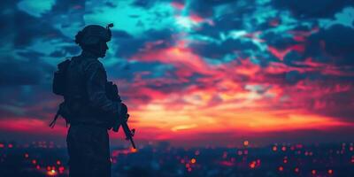 AI Generated Silhouette of military sniper with sniper gun at dark toned foggy background. shot, holding gun, colorful sky, background. photo