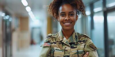 ai generado retrato, soldado y mujer con brazos cruzado, guerra y confianza con proteccion, veterano y orgulloso. rostro, persona y héroe con fuerza, Servicio y mentalidad con guerrero, Listo para Ejército foto