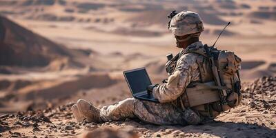 AI Generated Concentrated young programmer soldier sitting on ground and working with laptop while analyzing army route photo