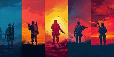 AI Generated Editable illustration soldiers walking on patrol photo