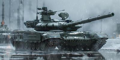AI Generated Army or military tank ready to attack in a battle moving over a deserted battlefield terrain photo