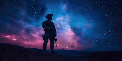 AI Generated Silhouette of military sniper with sniper gun at dark toned foggy background. shot, holding gun, colorful sky, background. photo