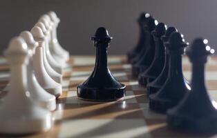 ajedrez conjunto en el ajedrez tablero. con selectivo atención en blanco pieses. foto