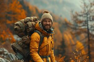 AI Generated Young caucasian man traveler with big backpack hiking in the mountains photo