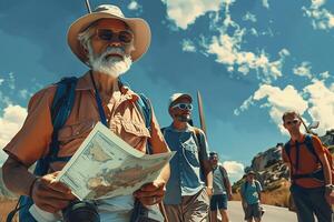 AI Generated Active pensioner. senior travelers in forest on holiday. hiking in mountains photo