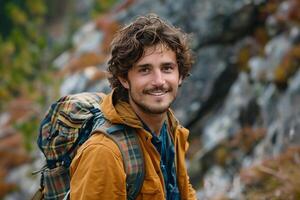 AI Generated Young caucasian man traveler with big backpack hiking in the mountains photo